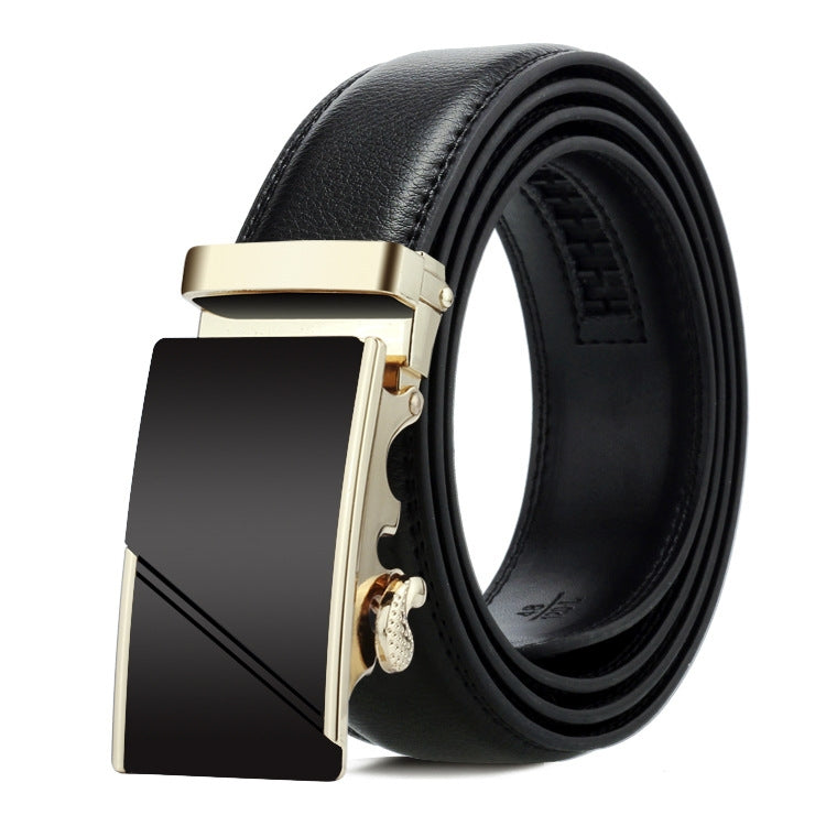 Mens black leather belt with gold automatic buckle, diagonal line center plate