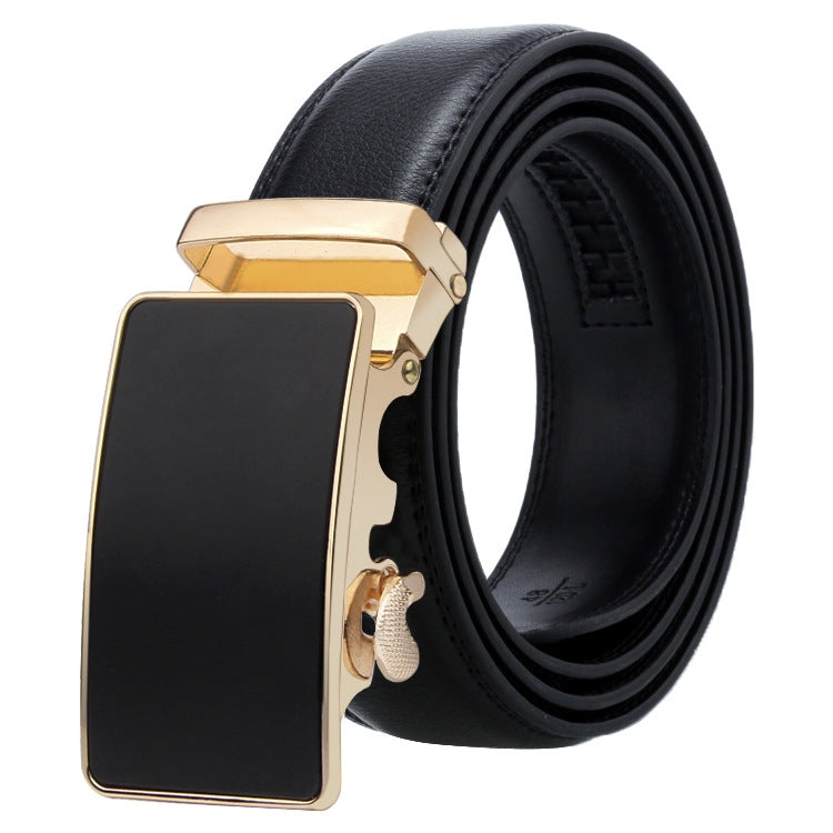 Men's leather automatic buckle belt with gold rectangular buckle and black inset center