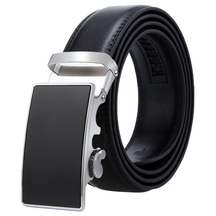 Men's leather automatic buckle belt with silver rectangular buckle and black inset panel