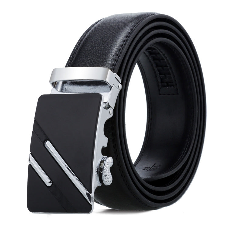 Men's black leather belt with silver automatic buckle and stitched strap edges