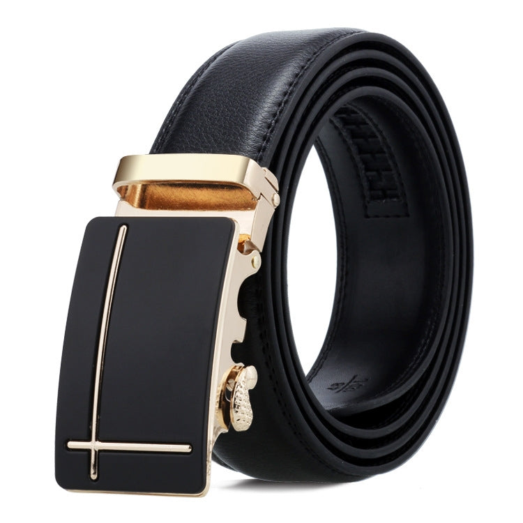 Men's black leather belt with gold automatic buckle and cross bar center detail