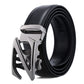 Men's black leather belt with silver automatic buckle and open frame center