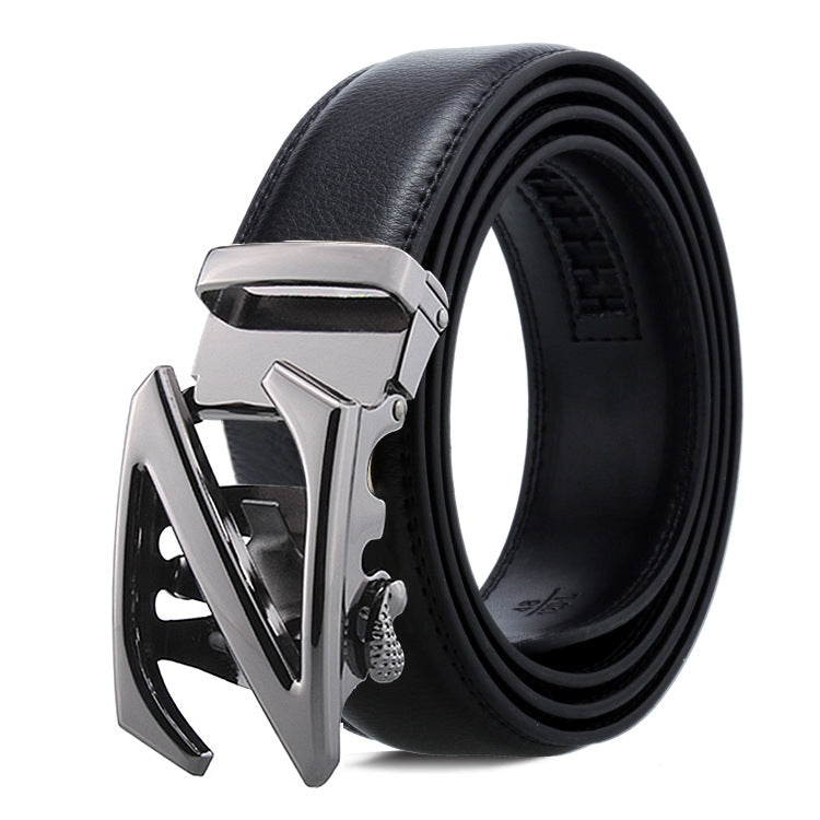 Men's black leather belt with silver automatic buckle and open frame center