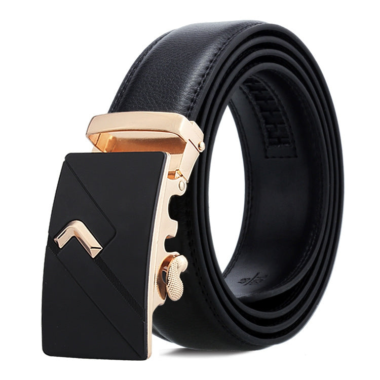 Black leather automatic buckle belt with gold-toned buckle and decorative cutout design