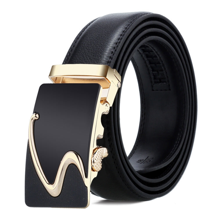 Black leather automatic buckle belt with gold-toned wavy buckle front and hanging charm
