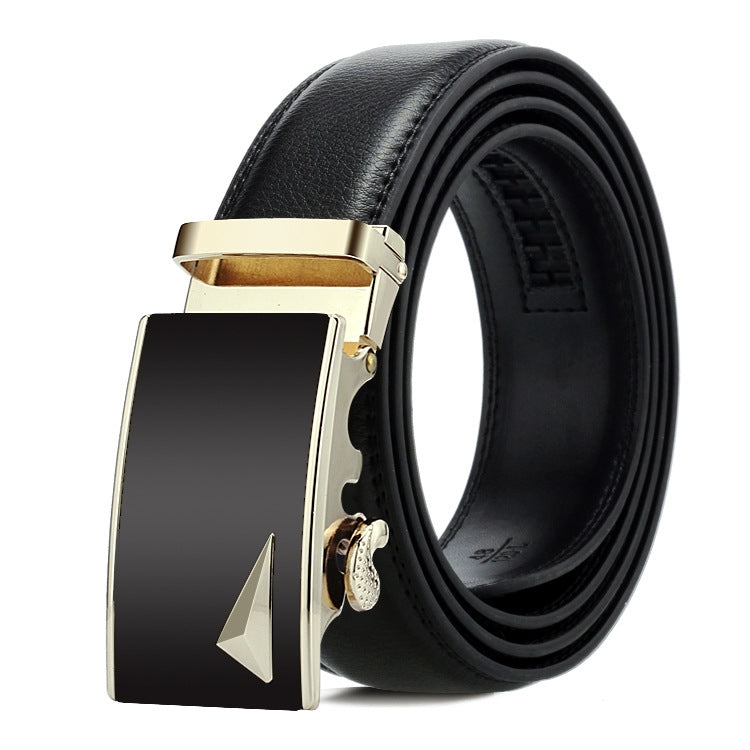 Black leather automatic buckle belt with gold-toned buckle and triangular cut accent