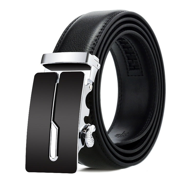 Men's leather automatic buckle belt with silver rectangular buckle and black inset panel