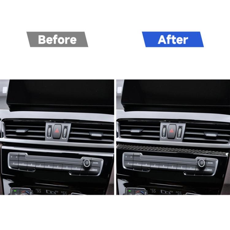 Carbon fiber radio panel trim sticker installed on dashboard vent area