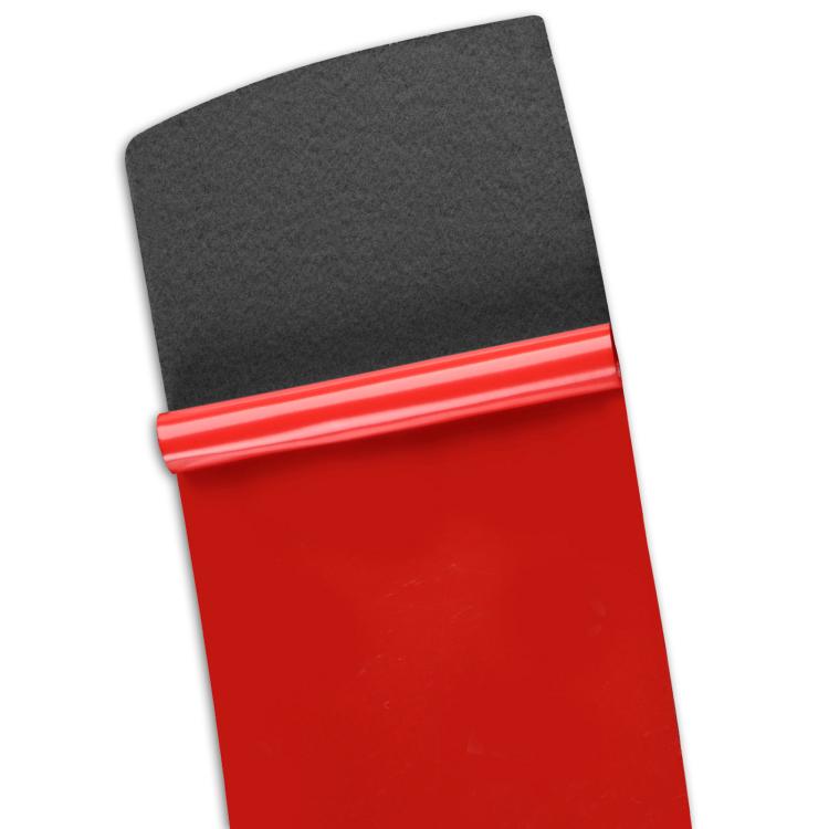 Sticker backing with red protective strip and gray top panel