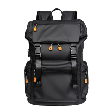 Black men's travel backpack with front flap pockets and orange zipper pulls