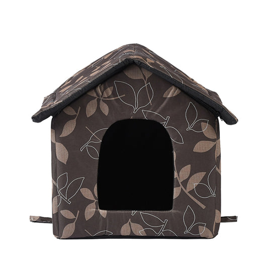 Brown leaf-print pet tent with black-trimmed roof and front door opening