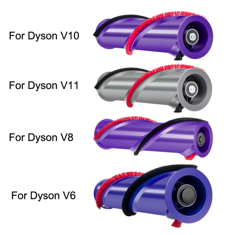 Assorted roller brush heads in purple and gray with red bristles and circular connectors