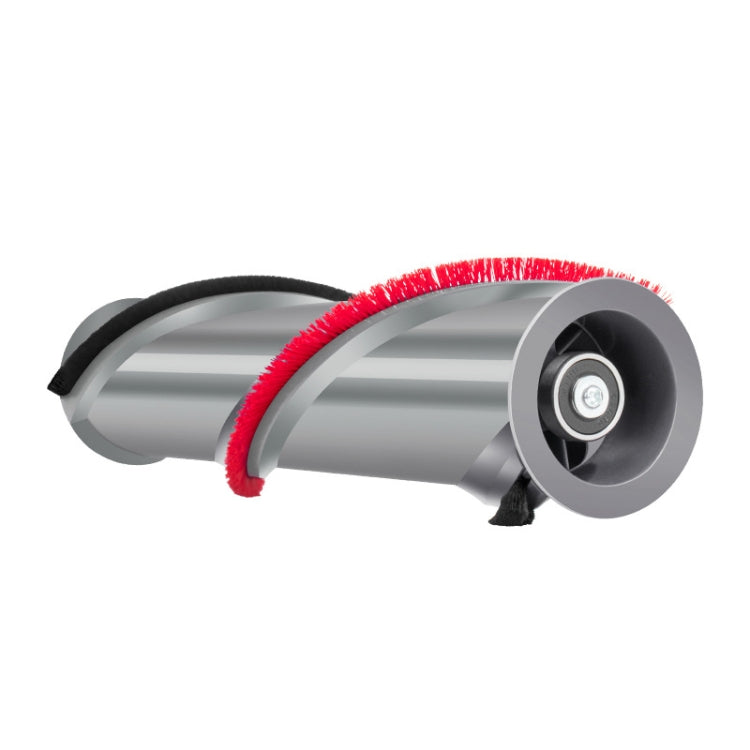 Gray direct drive roller brush with red bristles and black support fins, vacuum accessory