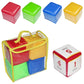 Set of 4 soft dice cubes in red, green, blue, and yellow with storage bag