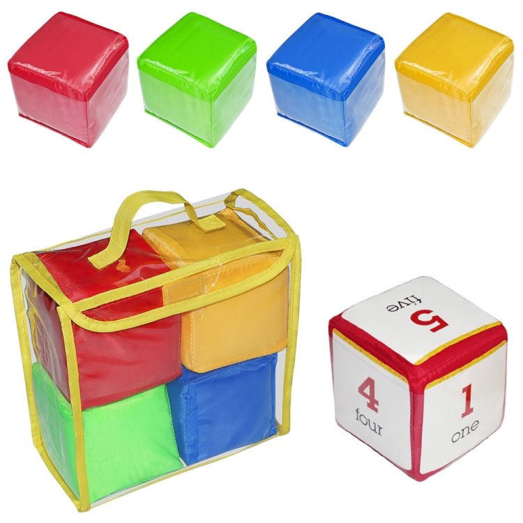 Set of 4 soft dice cubes in red, green, blue, and yellow with storage bag