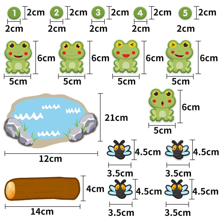 Size chart for felt story board accessories, including frog and log pieces