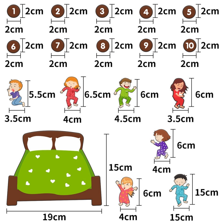 Felt story board figure size guide with kids, bed, and numbered pieces