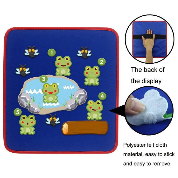Blue felt story board with frog and dragonfrog pieces; close-ups of backing felt