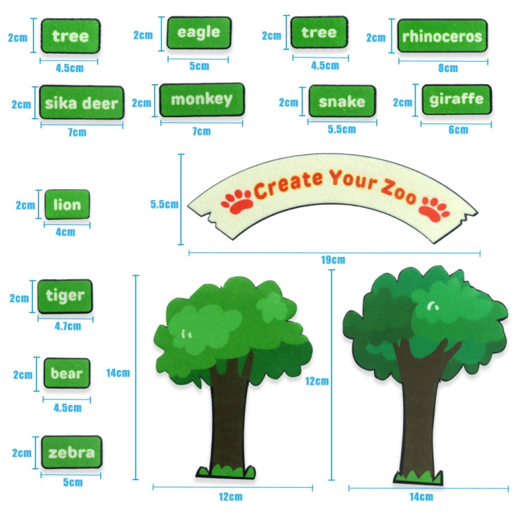 Felt animal set size chart showing tree and animal cutout dimensions
