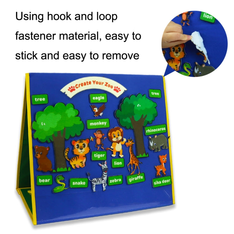 Blue felt zoo activity board with hook-and-loop fastener and animal cutouts