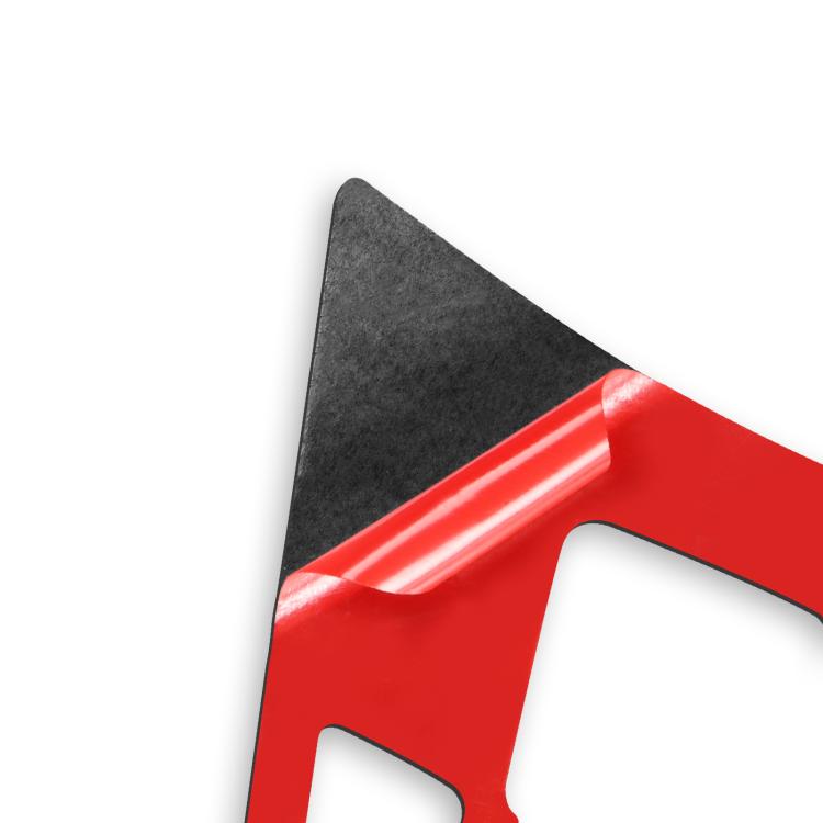 Steering wheel button sticker corner with carbon-fiber pattern and red backing