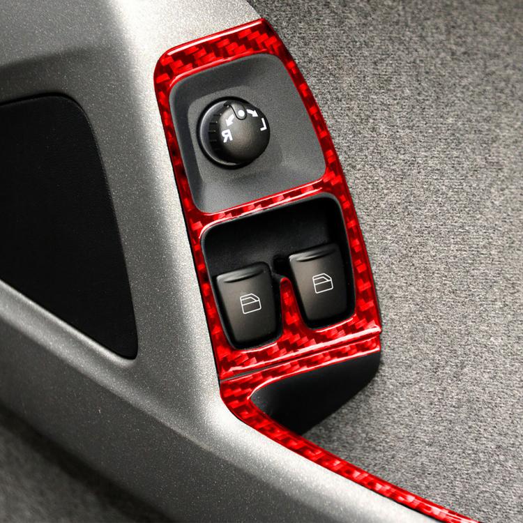 Right-hand drive window switch panel trim sticker set, red carbon-fiber style