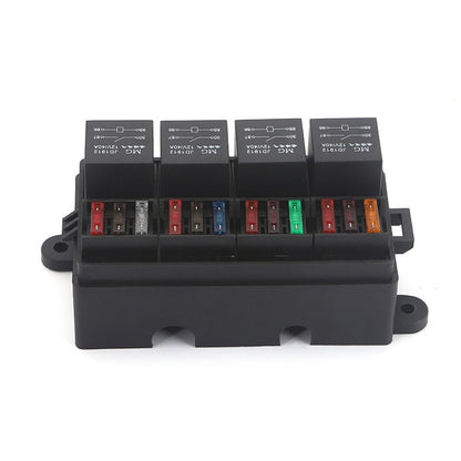 Car fuse and relay box with multi-color fuses inside, black plastic housing