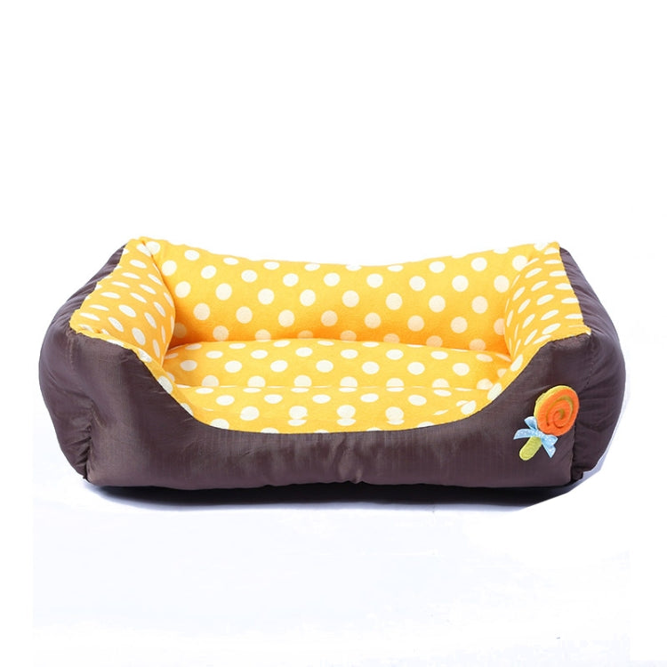 Square pet bed with yellow polka dot cushion and dark brown sides