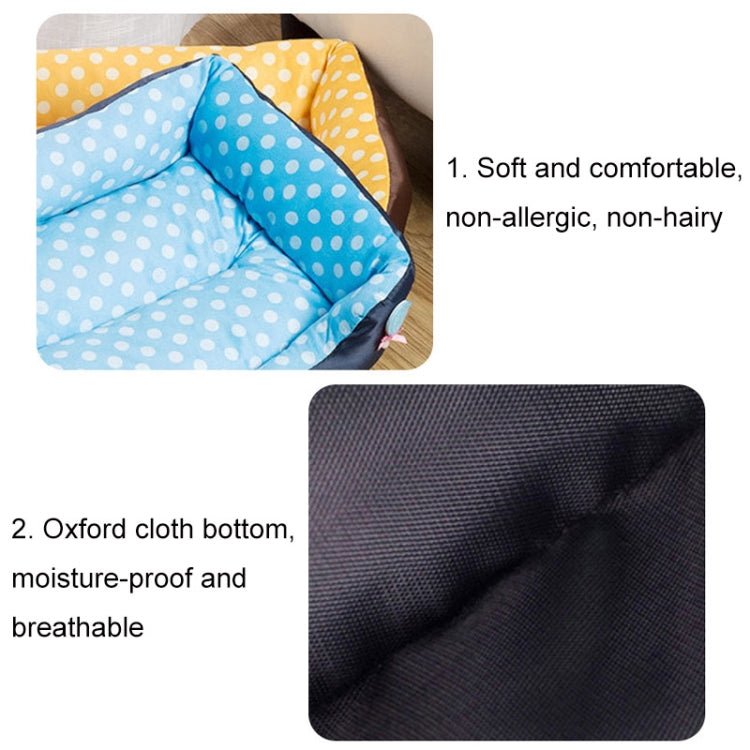 Pet kennel cushion detail: blue polka-dot inner with dark bottom fabric texture