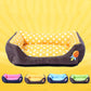 Square pet kennel cushion with yellow polka-dot inner, dark outer, and rose applique