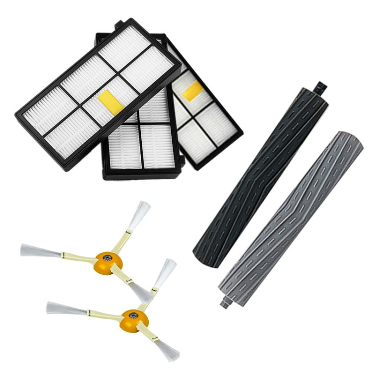 Robot vacuum accessory set with stacked filters, side brush, and two main roller brushes