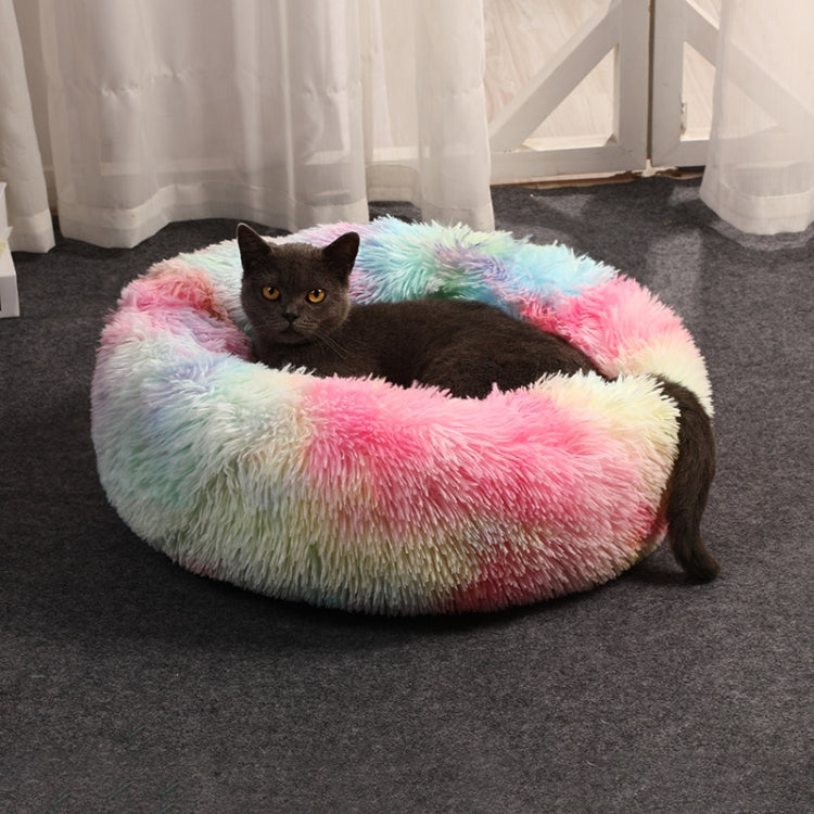 Pastel rainbow plush donut pet bed pad with thick cushioned center
