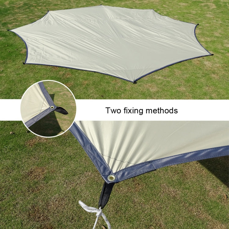 Beige octagonal canopy tent with side tie straps and corner stake loops
