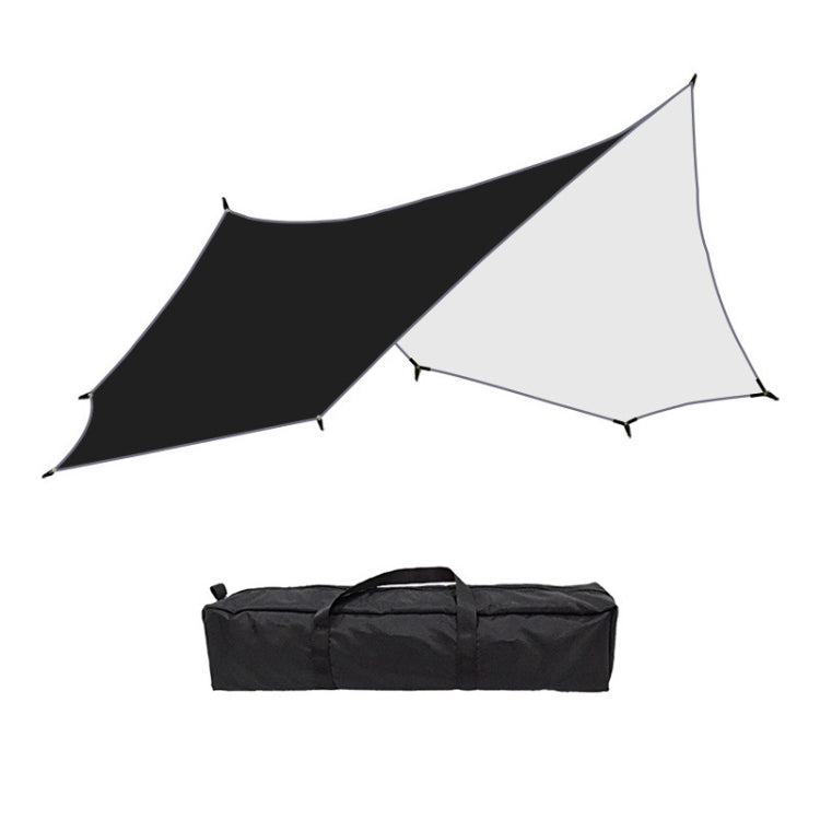 Octagonal canopy tent with black panel over light gray side panels and carry bag