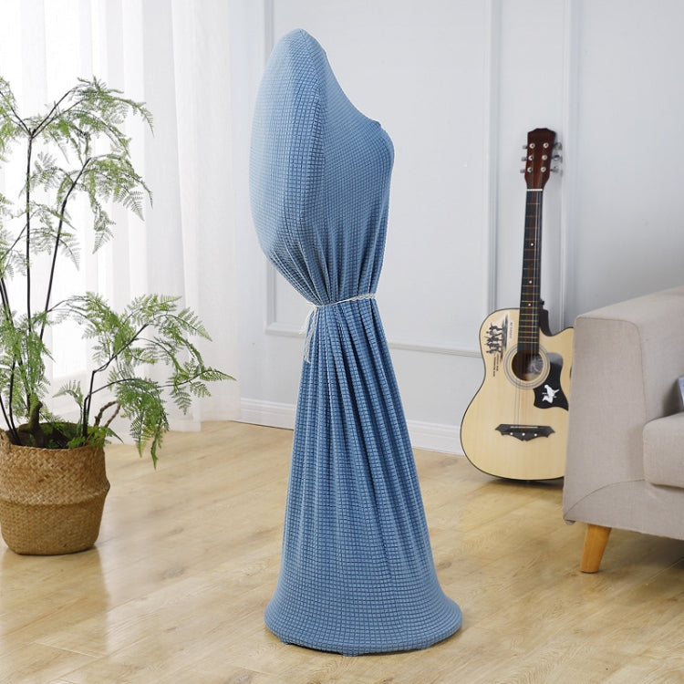 Blue fabric fan protective cover draped over a floor fan, full length