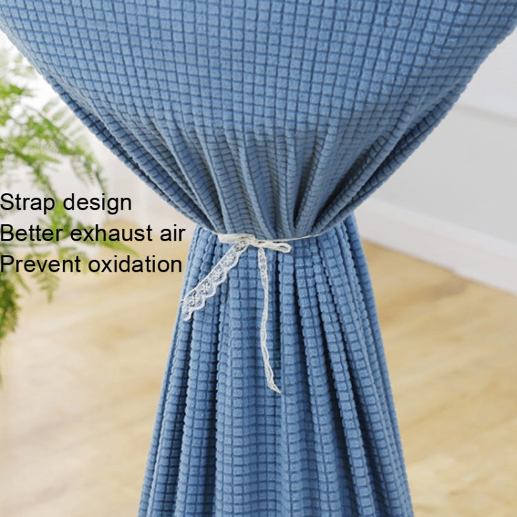 Blue round fan cover with fabric strap and tied drawstring top