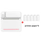 White inkless pocket printer with pink status bar and 5 printer paper rolls