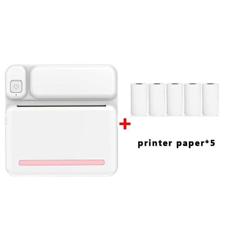 White inkless pocket printer with pink status bar and 5 printer paper rolls