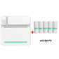 White inkless pocket printer with teal status bar and 5 sticker rolls
