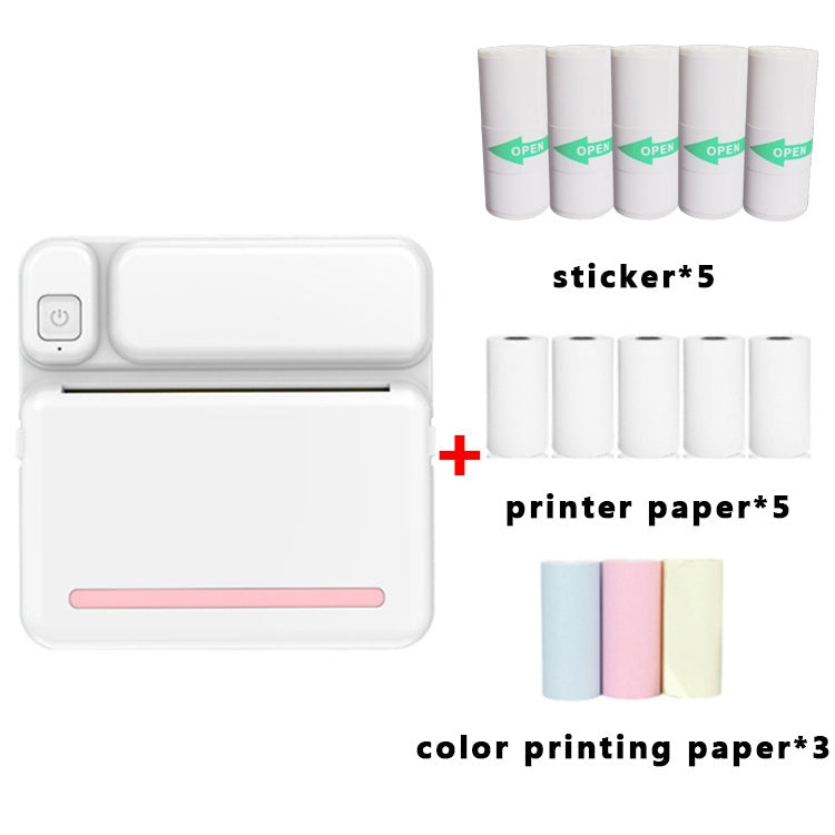 White inkless pocket printer with pink status bar plus 5 sticker and 5 paper rolls