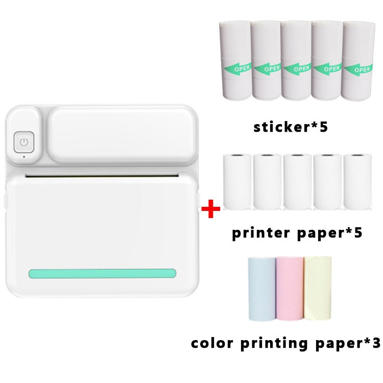 White inkless pocket printer with teal status bar plus 5 sticker and 5 paper rolls