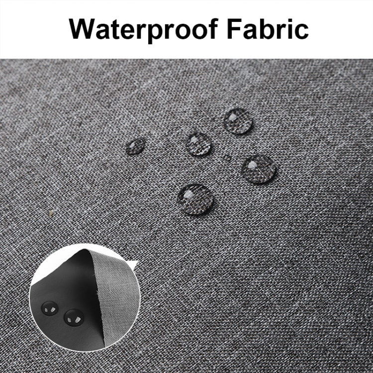 Gray waterproof toiletry bag fabric with water droplets texture close-up