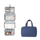 Navy blue foldable waterproof toiletry bag with transparent compartments and hanging hook