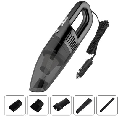Handheld wired car vacuum cleaner in glossy black with clear dust canister and handle