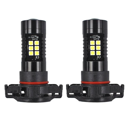 Pair of PSX24W LED fog lamp bulbs with black housing and red ring