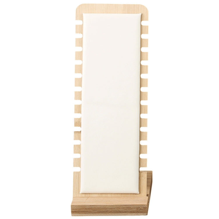 White velvet necklace stand with notched back and wooden freestanding base