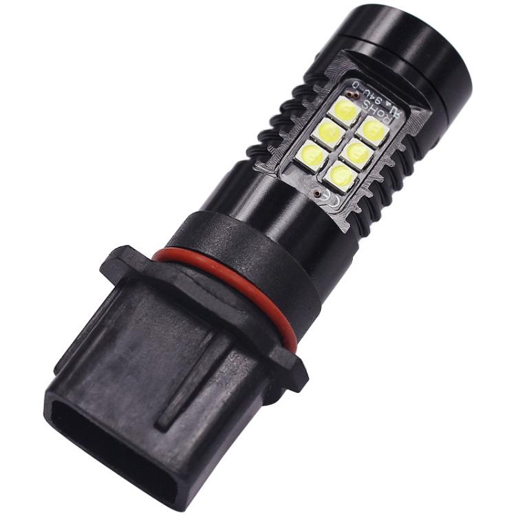 Rotated view of black P13W LED fog lamp bulb with red band and LED chips