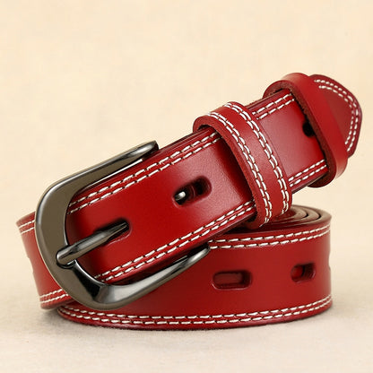 Double-stitched hollow pin buckle belt, red leather with silver buckle and white stitching