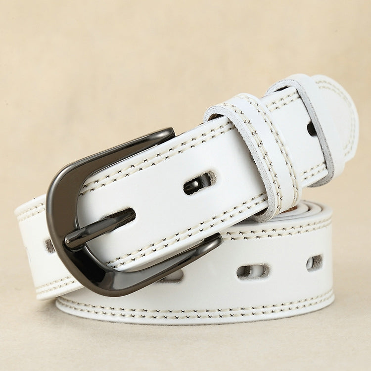 Double-stitched hollow pin buckle belt, white leather with silver-tone buckle and stitching