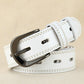 Double-stitched hollow pin buckle belt, white leather with silver buckle and white stitching